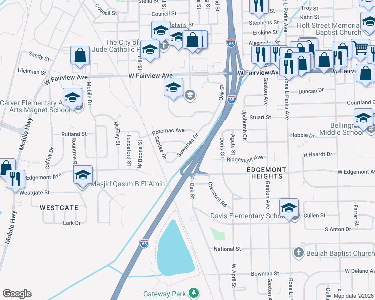 map of restaurants, bars, coffee shops, grocery stores, and more near 3409 Suwanee Drive in Montgomery