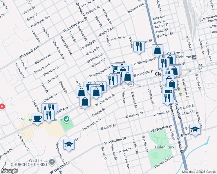 map of restaurants, bars, coffee shops, grocery stores, and more near 622 West Henderson Street in Cleburne