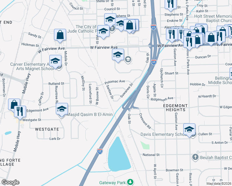 map of restaurants, bars, coffee shops, grocery stores, and more near 2026 Cahaba Drive in Montgomery