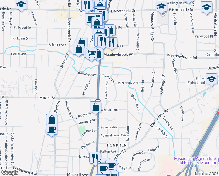 map of restaurants, bars, coffee shops, grocery stores, and more near 4056 Redwing Avenue in Jackson
