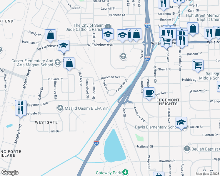 map of restaurants, bars, coffee shops, grocery stores, and more near 2026 Cahaba Drive in Montgomery