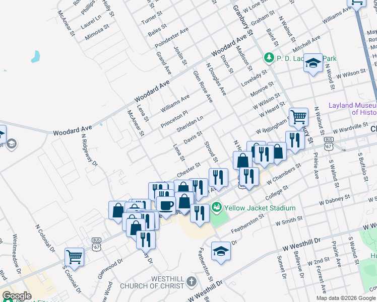 map of restaurants, bars, coffee shops, grocery stores, and more near 1120 Center Street in Cleburne