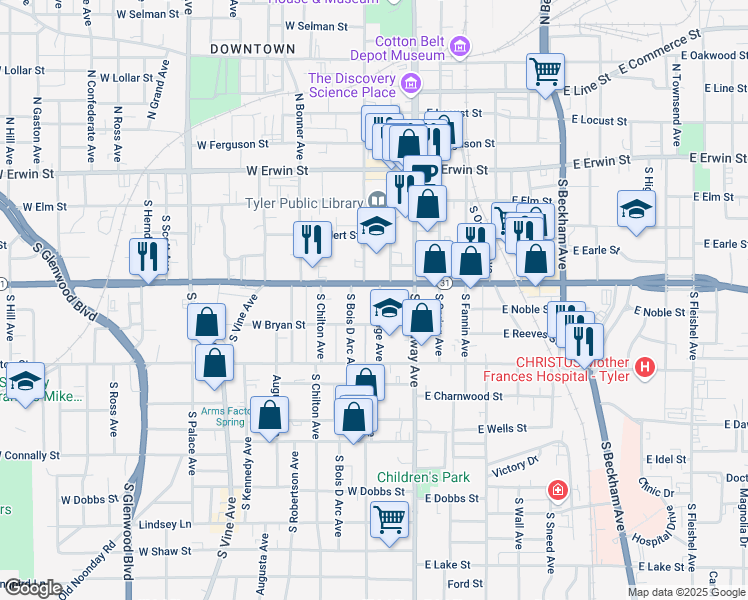 map of restaurants, bars, coffee shops, grocery stores, and more near 413 South College Avenue in Tyler