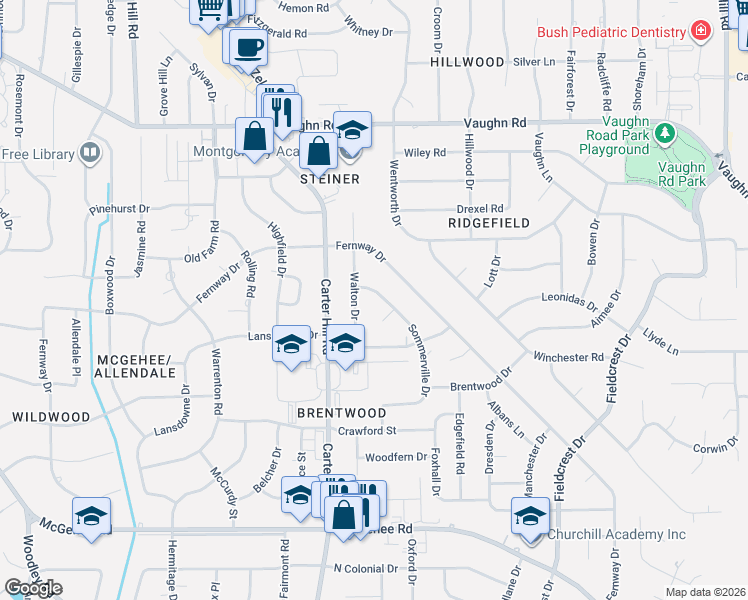 map of restaurants, bars, coffee shops, grocery stores, and more near 3310 Sommerville Drive in Montgomery