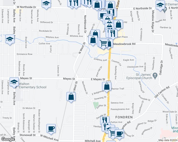 map of restaurants, bars, coffee shops, grocery stores, and more near 309 Audubon Place in Jackson