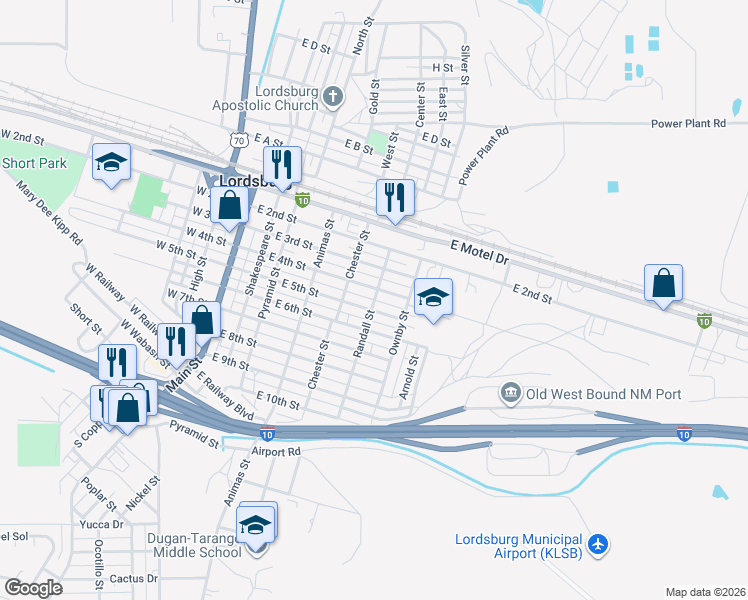 map of restaurants, bars, coffee shops, grocery stores, and more near 450 Randall Street in Lordsburg