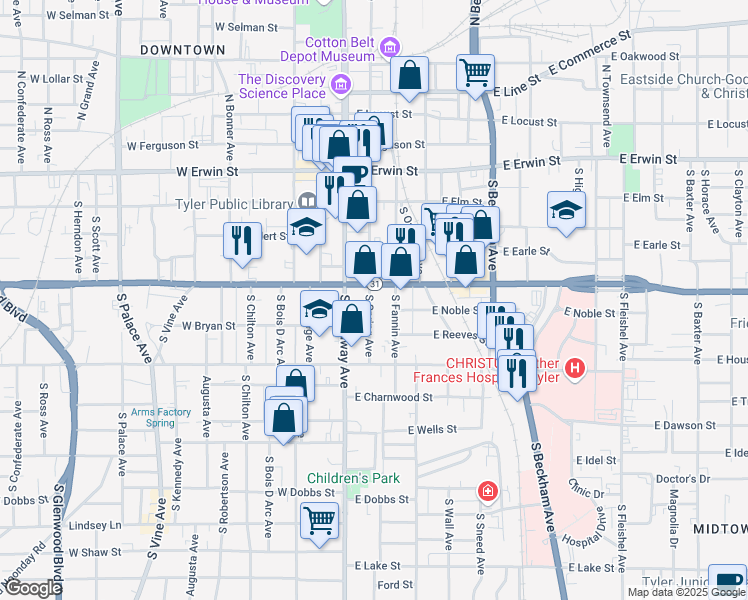 map of restaurants, bars, coffee shops, grocery stores, and more near 412 South Spring Avenue in Tyler