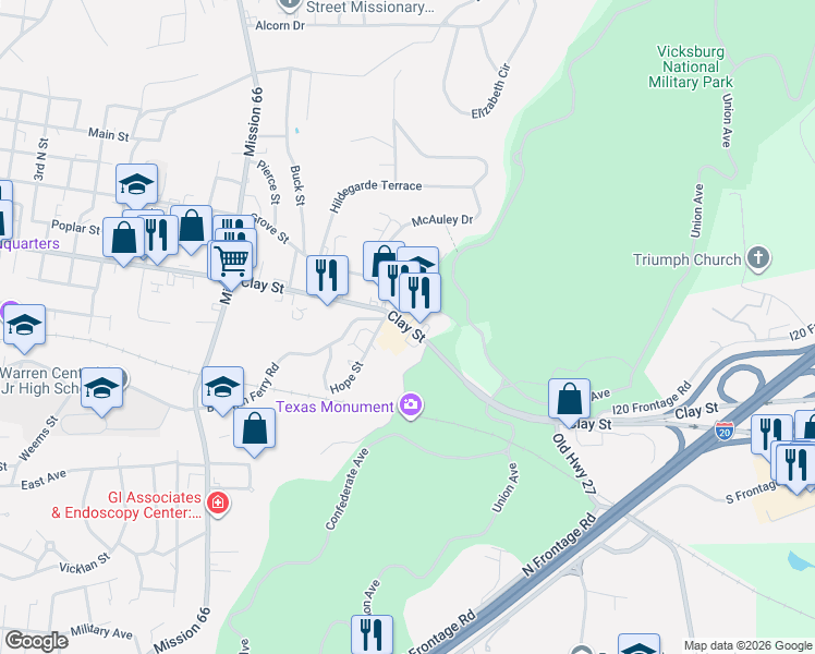 map of restaurants, bars, coffee shops, grocery stores, and more near Clay St in Vicksburg
