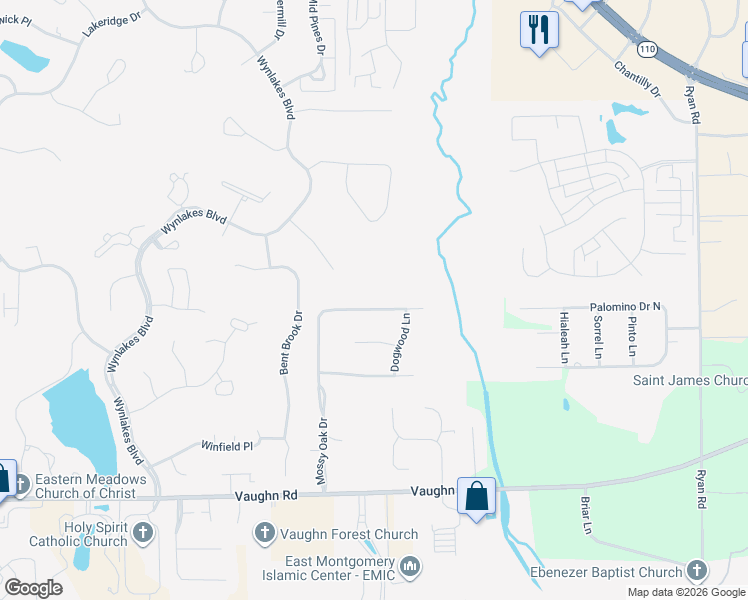 map of restaurants, bars, coffee shops, grocery stores, and more near 8018 Mossy Oak Drive in Montgomery