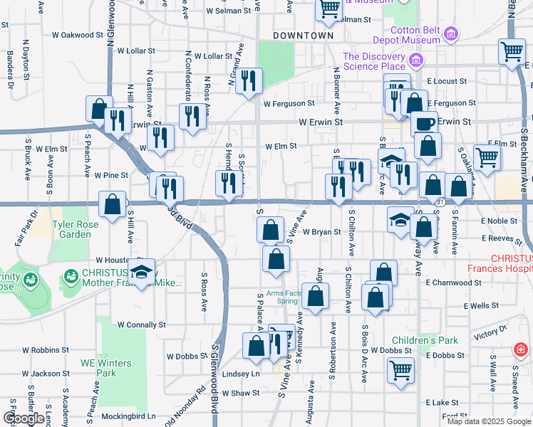 map of restaurants, bars, coffee shops, grocery stores, and more near 414 South Palace Avenue in Tyler