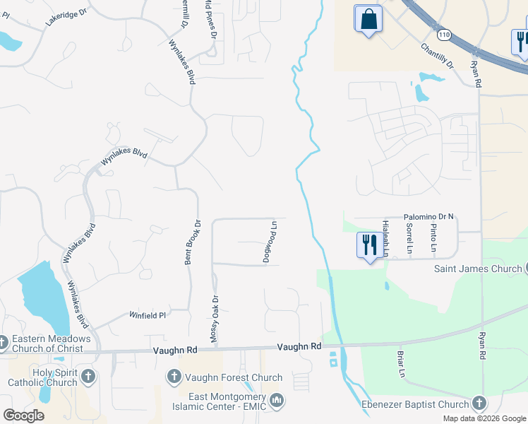 map of restaurants, bars, coffee shops, grocery stores, and more near 8018 Mossy Oak Drive in Montgomery