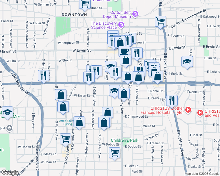map of restaurants, bars, coffee shops, grocery stores, and more near 413 South College Avenue in Tyler
