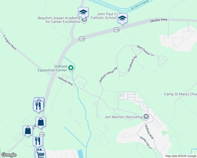 map of restaurants, bars, coffee shops, grocery stores, and more near 15 Oldfield Village Road in Bluffton