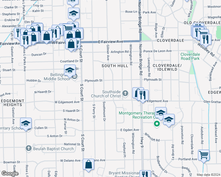 map of restaurants, bars, coffee shops, grocery stores, and more near 3344 Gilmer Avenue in Montgomery