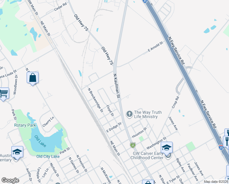 map of restaurants, bars, coffee shops, grocery stores, and more near 2101 North Kaufman Street in Ennis