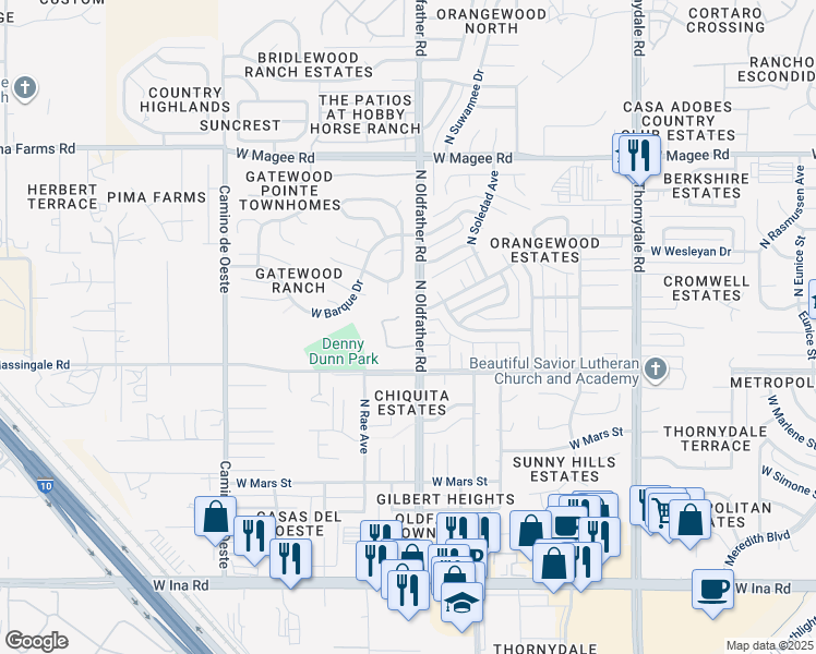 map of restaurants, bars, coffee shops, grocery stores, and more near 7651 North Oldfather Drive in Tucson