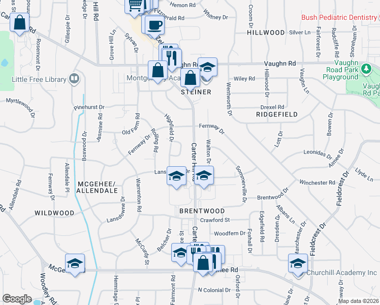 map of restaurants, bars, coffee shops, grocery stores, and more near 3137 Hathaway Place in Montgomery