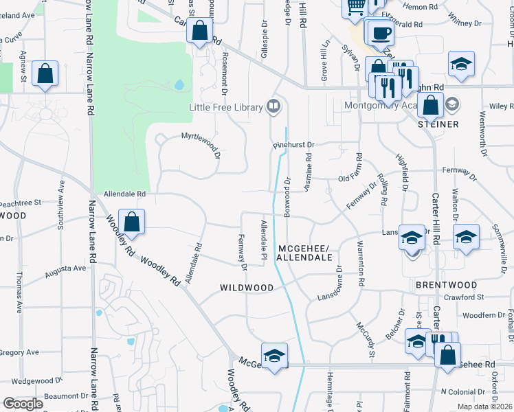 map of restaurants, bars, coffee shops, grocery stores, and more near 2351 Fernway Drive in Montgomery