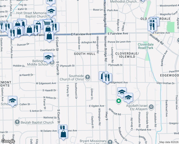 map of restaurants, bars, coffee shops, grocery stores, and more near 3338 South Hull Street in Montgomery