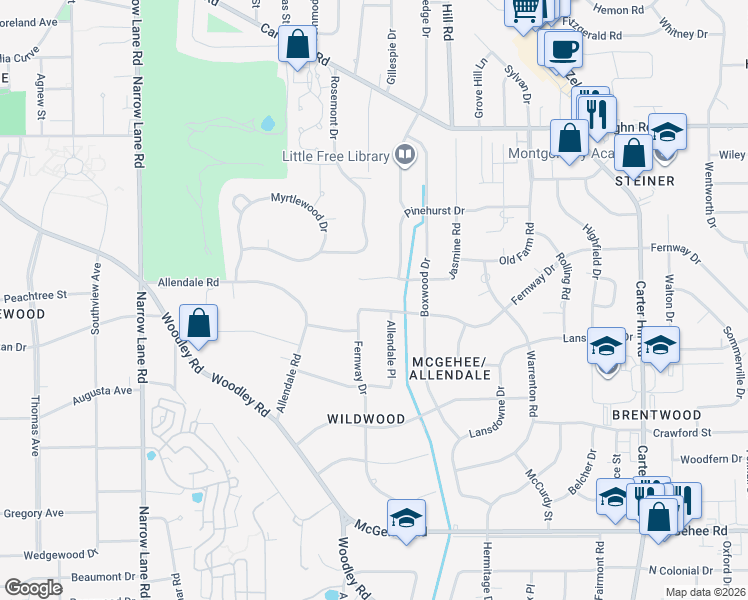 map of restaurants, bars, coffee shops, grocery stores, and more near 2351 Fernway Drive in Montgomery