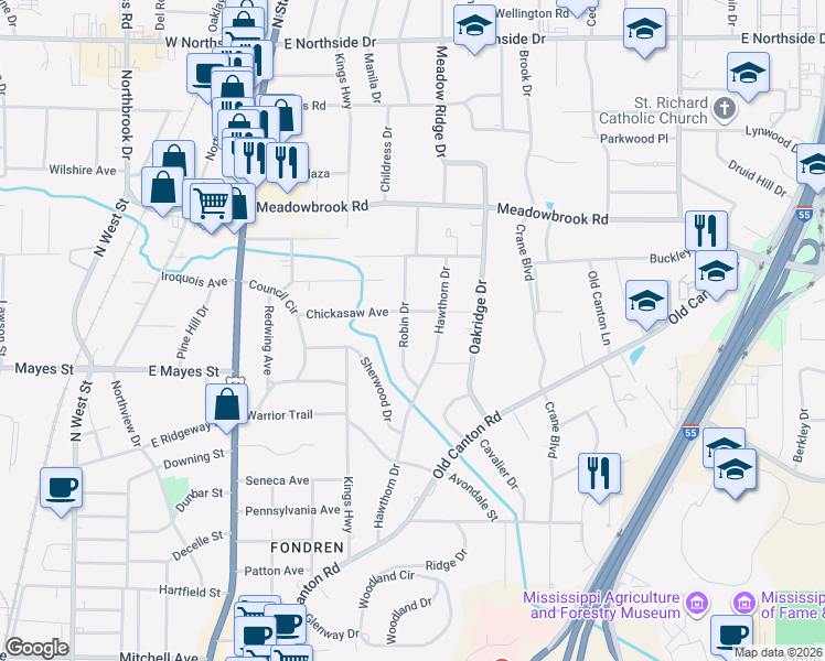 map of restaurants, bars, coffee shops, grocery stores, and more near 4067 Robin Drive in Jackson