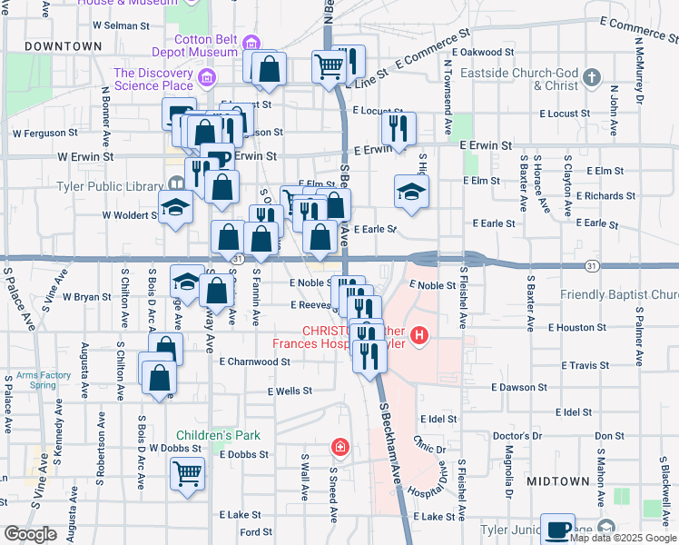map of restaurants, bars, coffee shops, grocery stores, and more near 524 E Noble St in Tyler