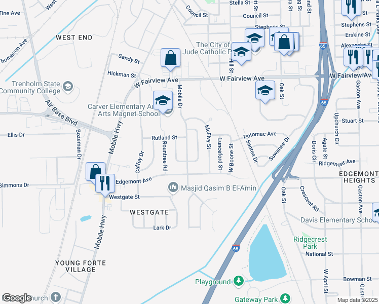 map of restaurants, bars, coffee shops, grocery stores, and more near 3339 Mobile Drive in Montgomery