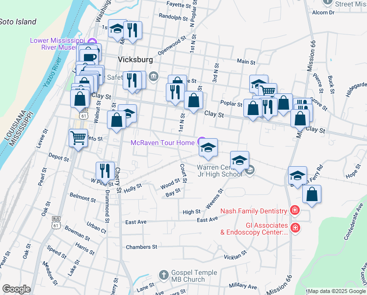 map of restaurants, bars, coffee shops, grocery stores, and more near 1425 Harrison Street in Vicksburg