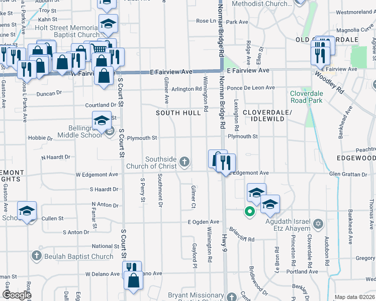 map of restaurants, bars, coffee shops, grocery stores, and more near 3338 South Hull Street in Montgomery