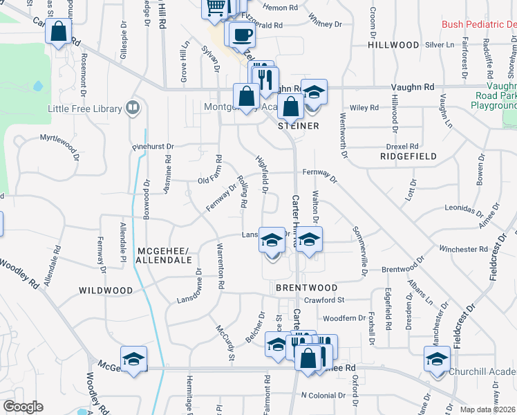 map of restaurants, bars, coffee shops, grocery stores, and more near 3142 Highfield Drive in Montgomery