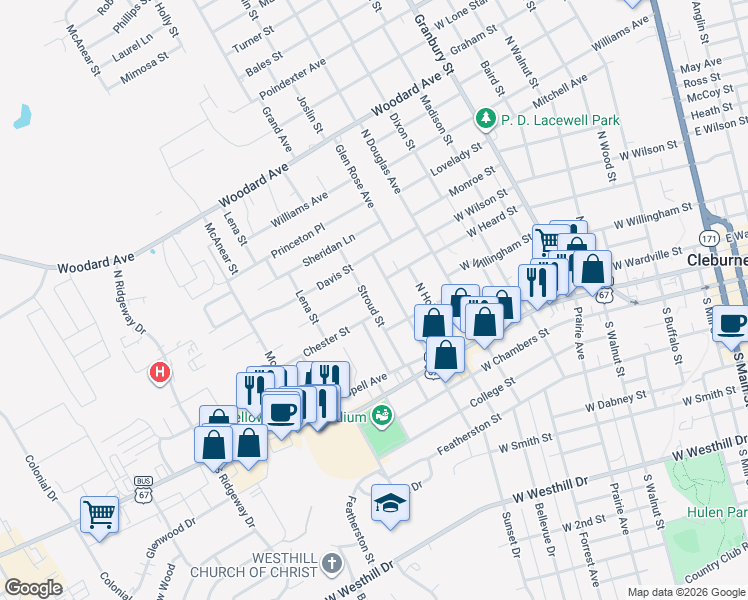 map of restaurants, bars, coffee shops, grocery stores, and more near 309 North Pendell Avenue in Cleburne