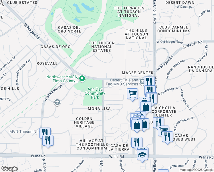 map of restaurants, bars, coffee shops, grocery stores, and more near 2425 West Vía Di Silvio in Tucson