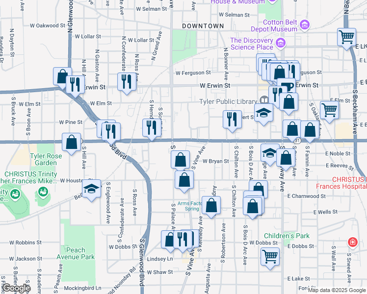 map of restaurants, bars, coffee shops, grocery stores, and more near 415 Sunny Lane in Tyler
