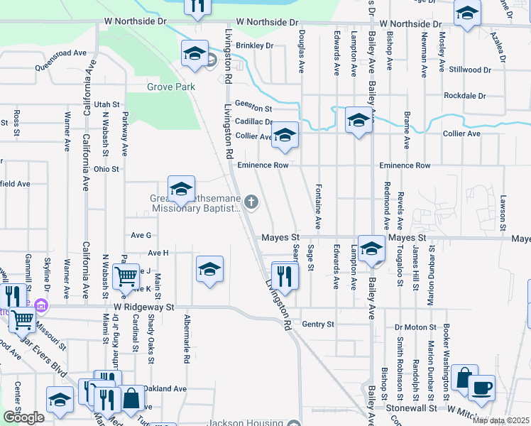 map of restaurants, bars, coffee shops, grocery stores, and more near 3343 Nashville Street in Jackson
