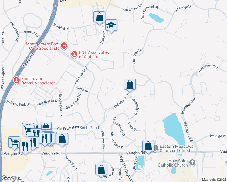 map of restaurants, bars, coffee shops, grocery stores, and more near 2077 Wyndgate Loop in Montgomery