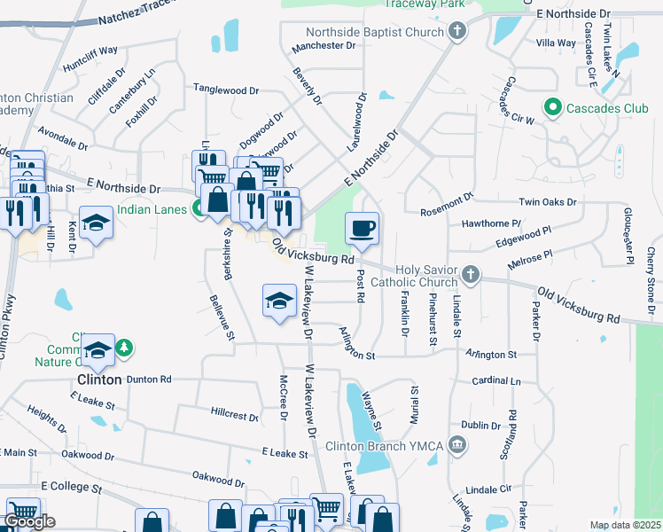 map of restaurants, bars, coffee shops, grocery stores, and more near 1008 Old Vicksburg Road in Clinton