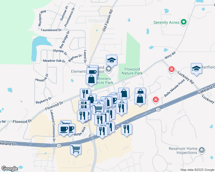 map of restaurants, bars, coffee shops, grocery stores, and more near 4021 Flowood Drive in Flowood