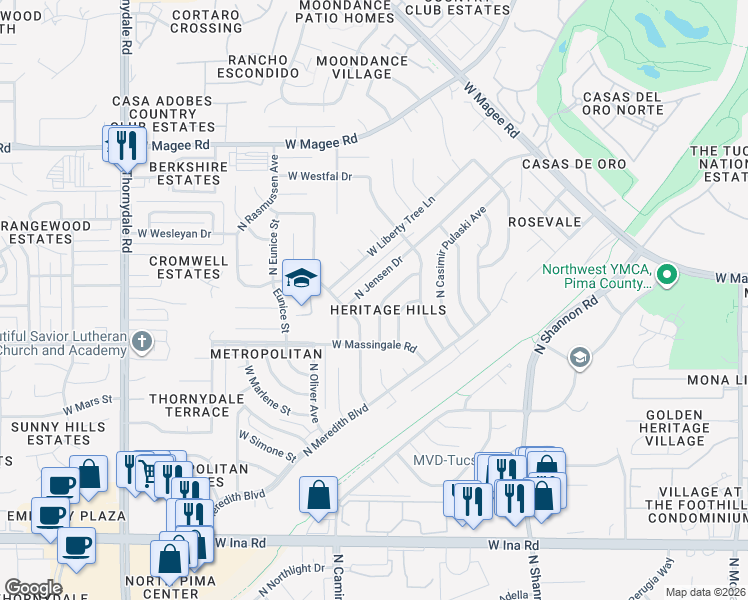 map of restaurants, bars, coffee shops, grocery stores, and more near 7671 North Lundberg Drive in Tucson