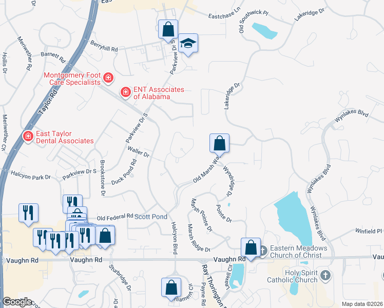 map of restaurants, bars, coffee shops, grocery stores, and more near 2077 Wyndgate Loop in Montgomery