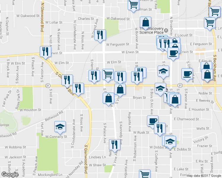 map of restaurants, bars, coffee shops, grocery stores, and more near 414 South Palace Avenue in Tyler