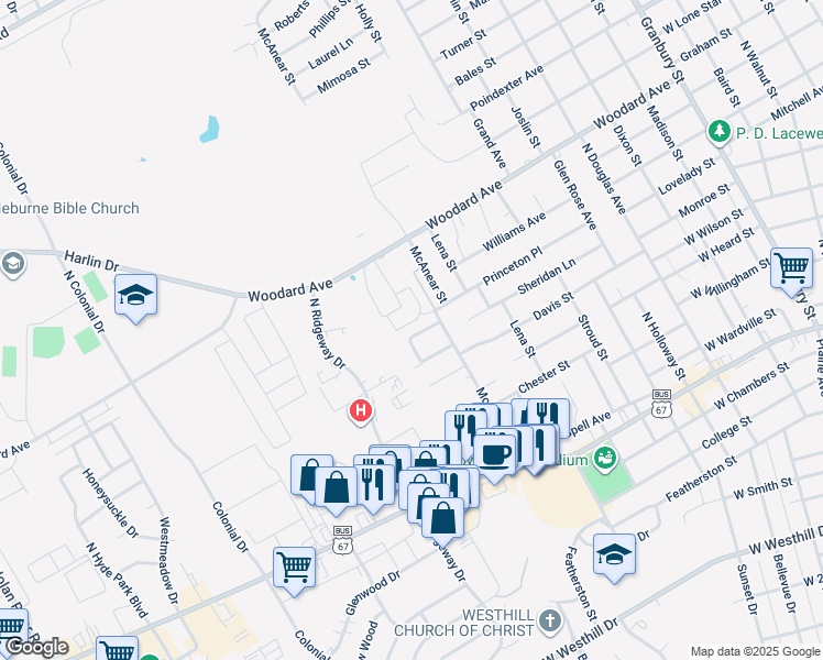 map of restaurants, bars, coffee shops, grocery stores, and more near 1309 Ridge Run Street in Cleburne