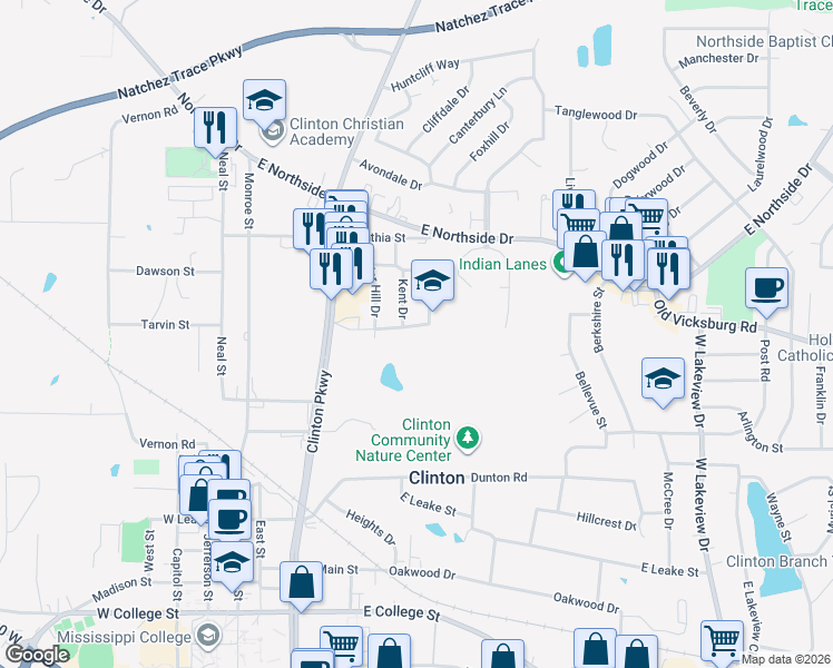 map of restaurants, bars, coffee shops, grocery stores, and more near 402 Oakhill Cir in Clinton