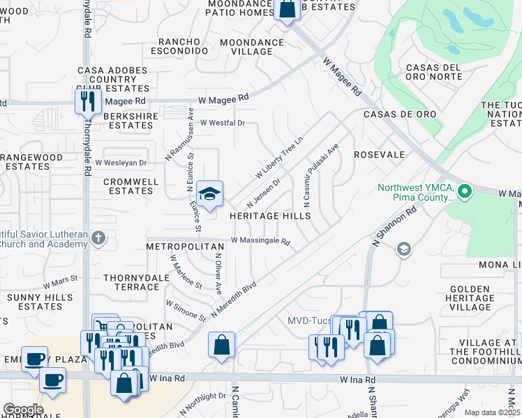 map of restaurants, bars, coffee shops, grocery stores, and more near 7671 North Lundberg Drive in Tucson