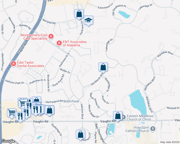 map of restaurants, bars, coffee shops, grocery stores, and more near 2077 Wyngate Loop in Montgomery