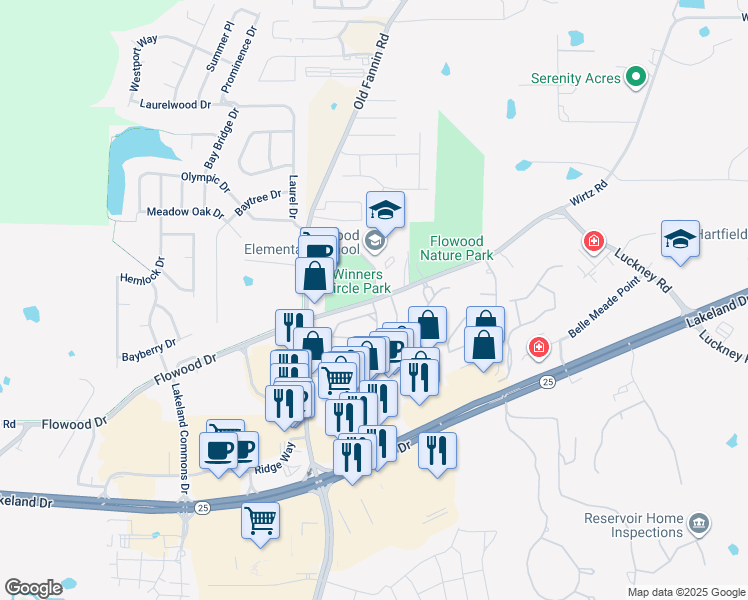 map of restaurants, bars, coffee shops, grocery stores, and more near 4021 Flowood Drive in Flowood