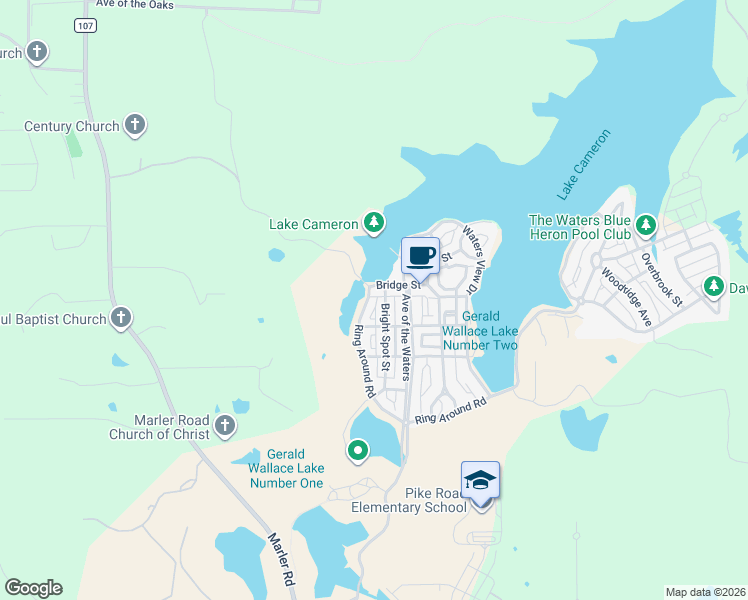 map of restaurants, bars, coffee shops, grocery stores, and more near 83 Bright Spot Street in Pike Road