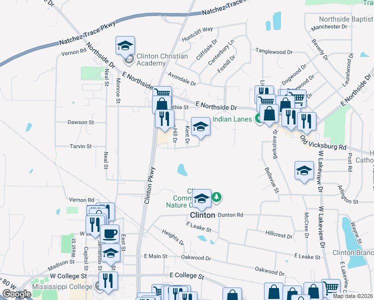 map of restaurants, bars, coffee shops, grocery stores, and more near 402 Oakhill Circle in Clinton