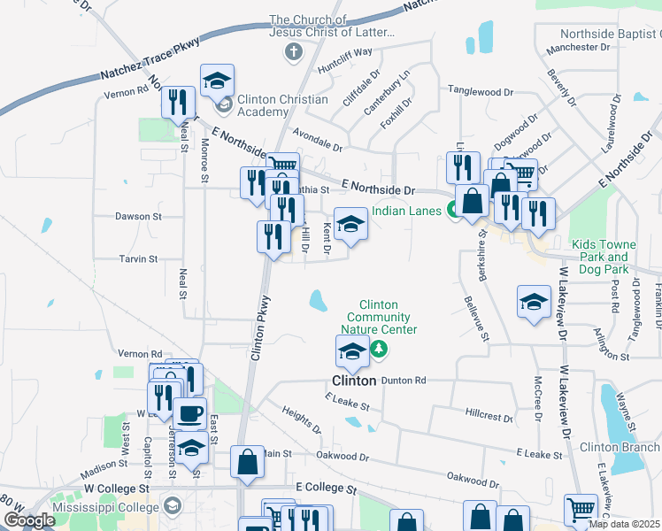 map of restaurants, bars, coffee shops, grocery stores, and more near 400 Oakhill Circle in Clinton
