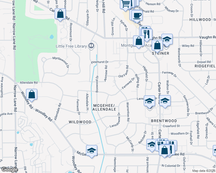 map of restaurants, bars, coffee shops, grocery stores, and more near 3232 Warrenton Place in Montgomery