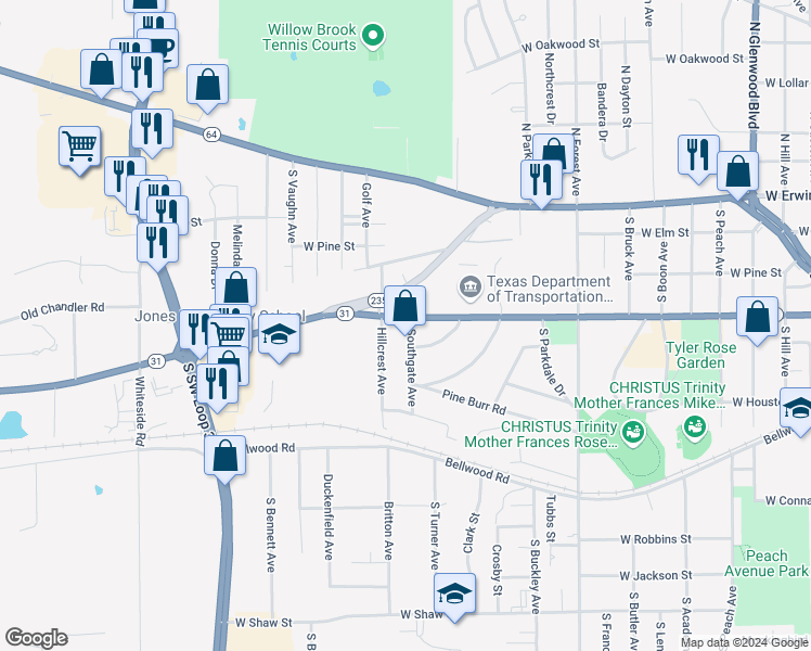 map of restaurants, bars, coffee shops, grocery stores, and more near 405 Southgate Avenue in Tyler